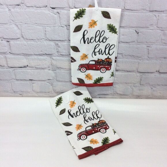 Harvest Collection “Hello Fall” Red Truck 2 Pc Kitchen Dish Towel Set Cotton NWT - Picture 5 of 5